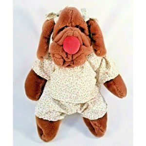 Vtg. Ganz Bros Wrinkles 1981 Brown w/ Calico Dress/Bow 16" Dog Hand Puppet Plush